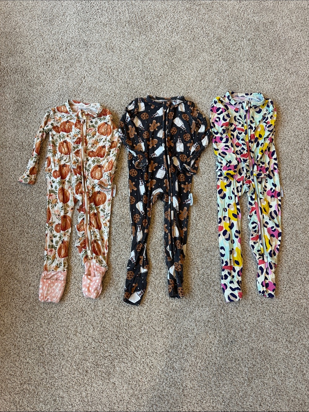 Milk + Coco footie pajama bundle 6-9 month cheetah pumpkins and milk/cookies